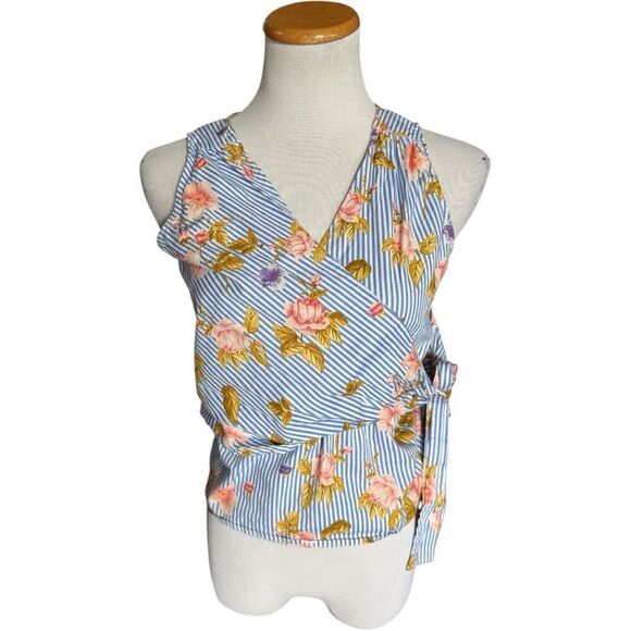 Womens Say What? Striped & Floral Print Sleeveless Wrap Top Blouse - Sz M - Picture 1 of 1